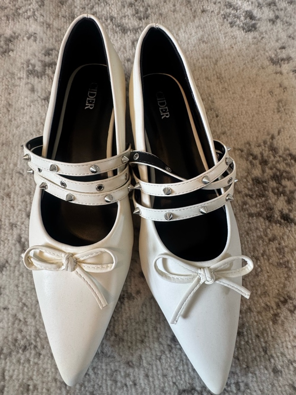 Cider White Pointed Mary Jane Flats with Studded Double Straps